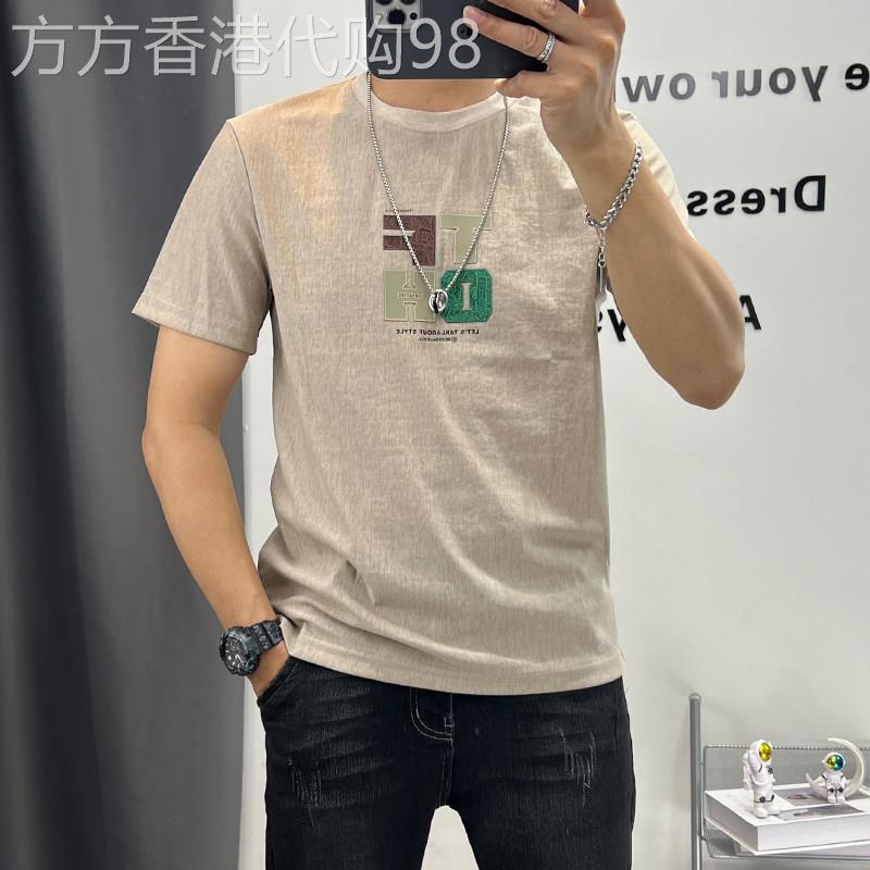 轻奢透气麻棉短袖t恤男夏季字母印花修身半袖棉麻T恤衫薄款汗衫