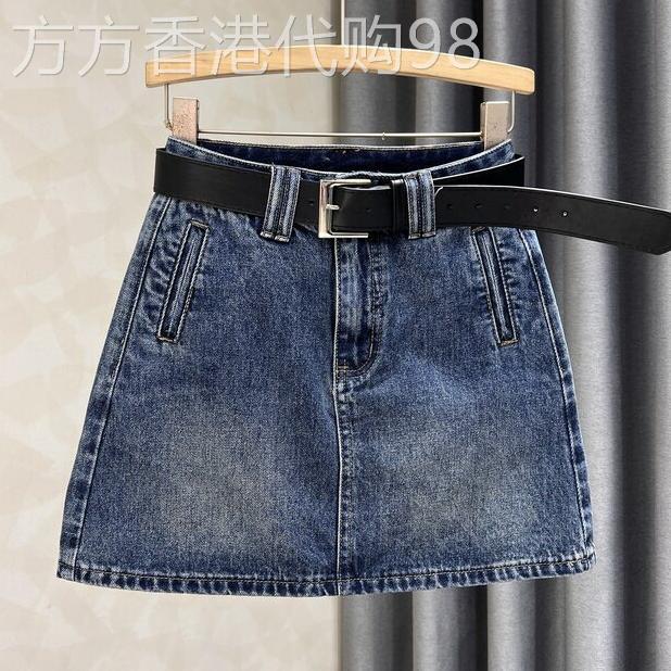 休闲复古高腰牛仔半身裙女蓝色水洗短裙配腰带气质包臀A字短裙子