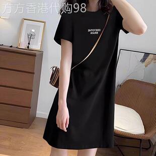 简约纯棉短袖T恤裙女士夏季2026欧货宽松休闲过膝长版直筒洋装