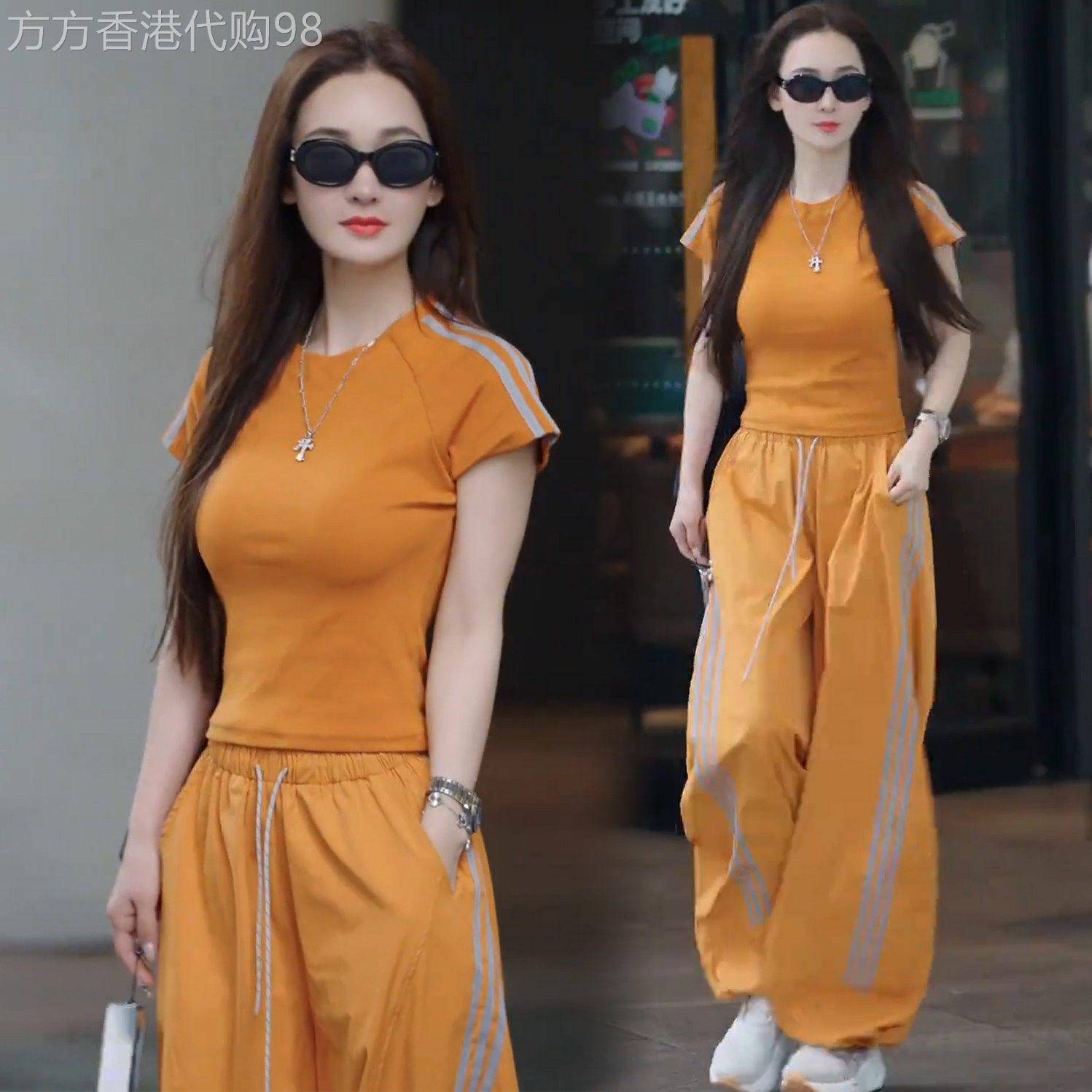 时尚休闲运动套装女夏2026新款修身显瘦短袖T恤阔腿弯刀裤两件套