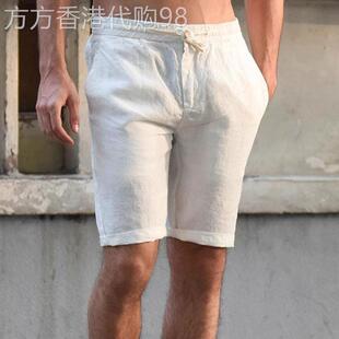 MK薄款亚麻短裤男2025夏季新款高端休闲松紧系带修身男士沙滩裤