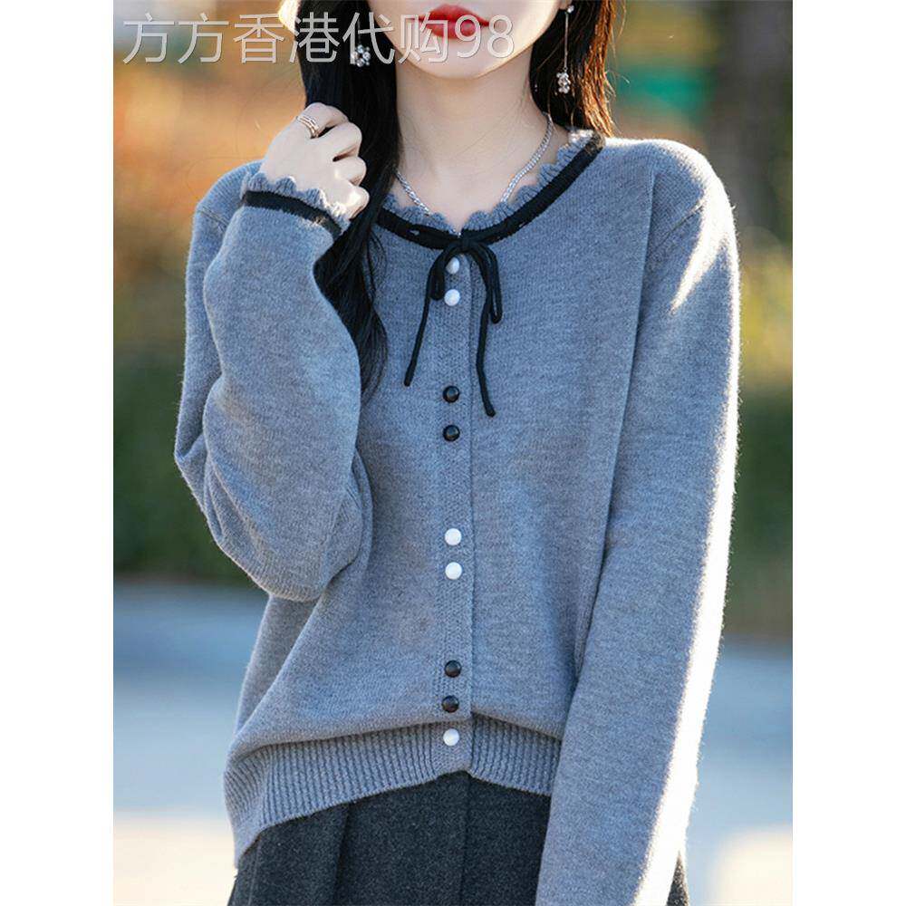 休闲长袖针织打底衫女春秋装新款时尚花边领绑带内搭外穿毛衣上衣