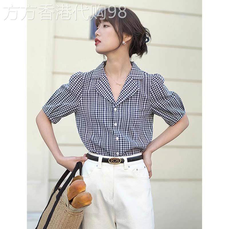 短袖衬衫女2026新款夏季法式西装领高级感轻奢减龄洋派格子上衣女