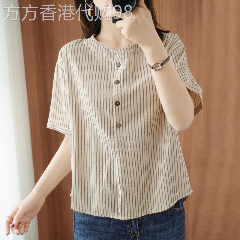竖条纹纯棉短袖T恤女宽松2026夏季新款文艺休闲遮肉显瘦减龄上衣