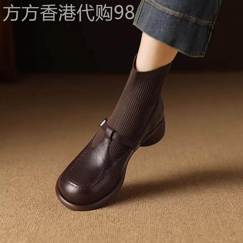 QVU品牌专柜!厚底粗跟弹力瘦瘦靴女秋冬时尚毛线玛丽珍短筒袜靴