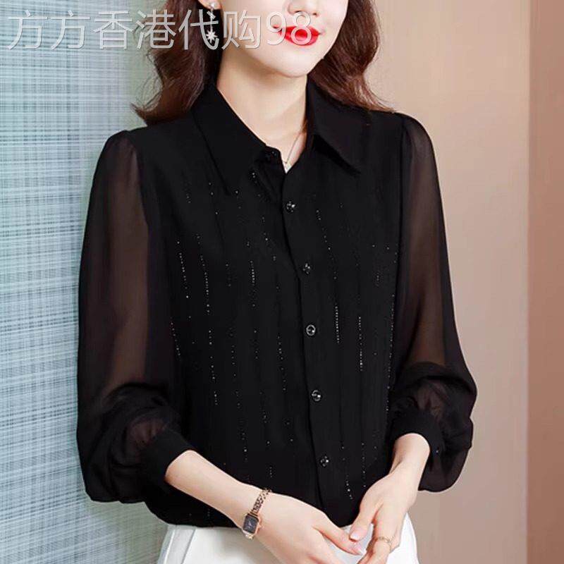 雪纺衫女2025年早春新款洋派长袖内搭衣时尚妈妈镶钻遮肚翻领衬衫