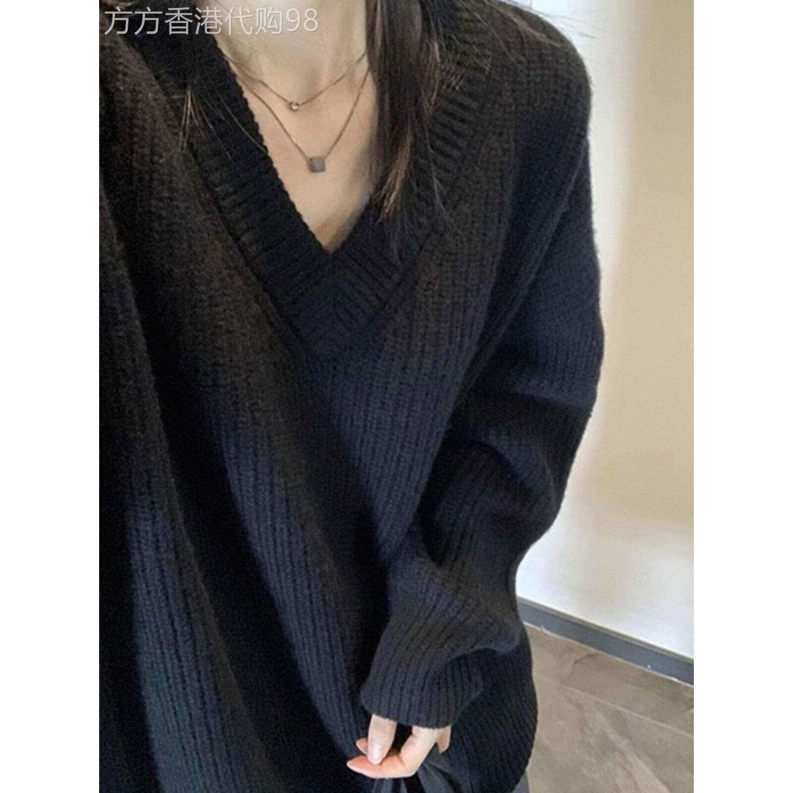 黑色v领毛衣女秋冬欧货覆古慵懒风内搭宽松显瘦长袖针织衫打底衫