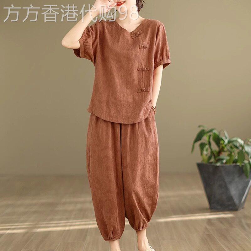 潮牌中式国风妈妈棉麻套装女2026夏季新款洋气大码显瘦亚麻两件套