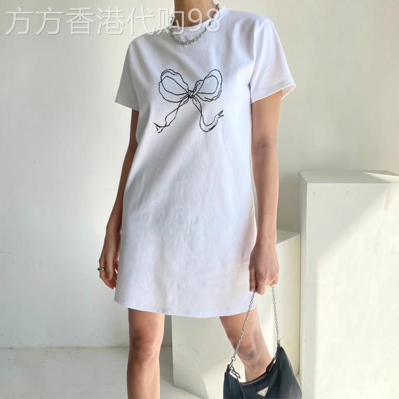 白色短袖T恤裙女中长版夏季2026新款宽松显瘦纯棉休闲印花洋装