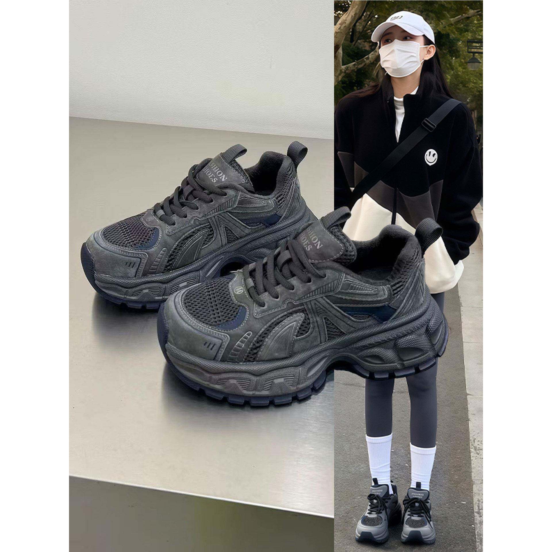 香港覆古真皮厚底老爹鞋女2025秋冬新款小个子增高轻便休闲运动鞋