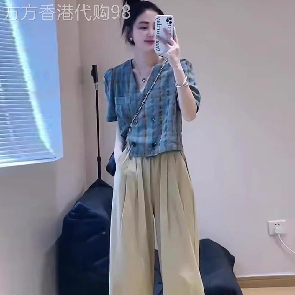 复古V领格子短袖衬衫女夏季新款欧货高级感时尚宽松短款小衫上衣