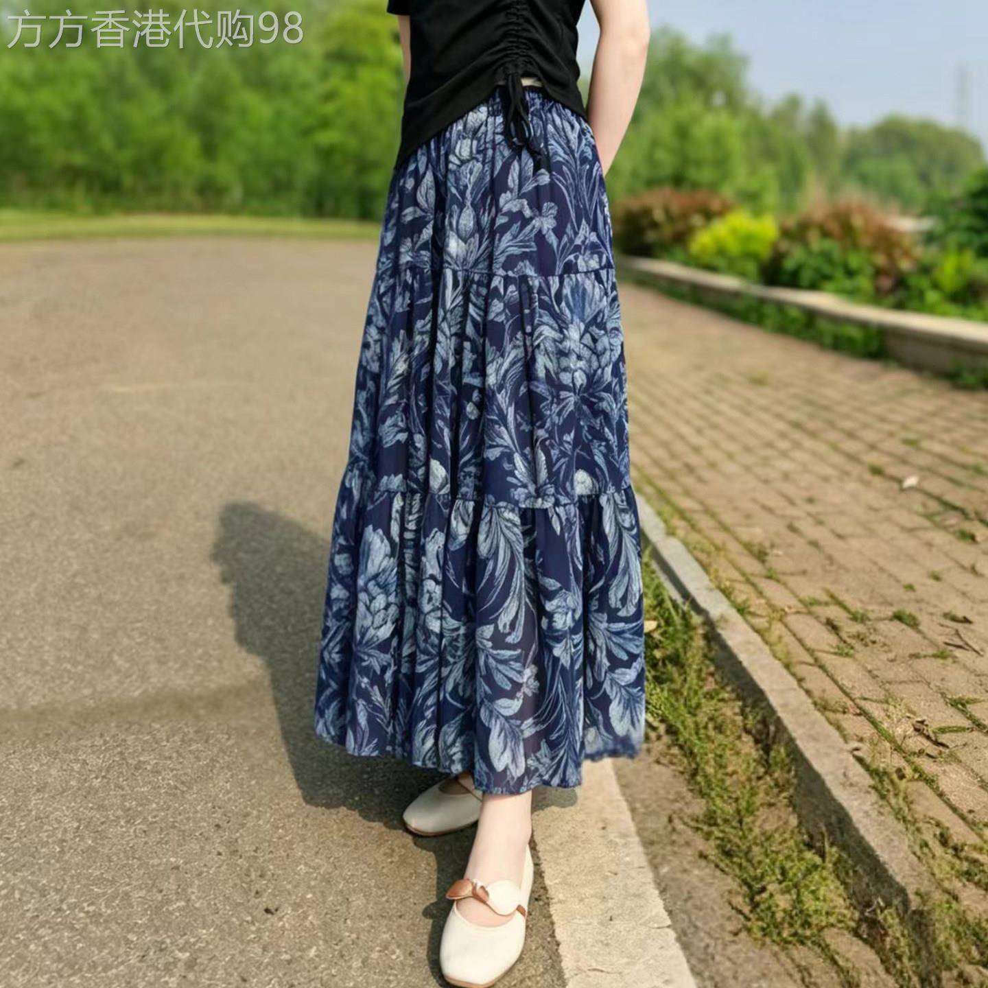 口袋藏青色碎花半身裙女夏高腰遮肉显瘦大摆飘逸长裙层层蛋糕伞裙