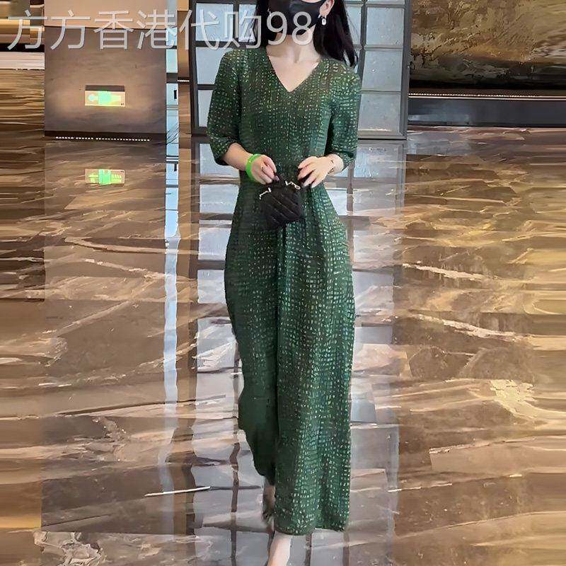 日系轻奢绿色V领宽松桑蚕丝洋装夏季新款INS高端真丝气质长裙