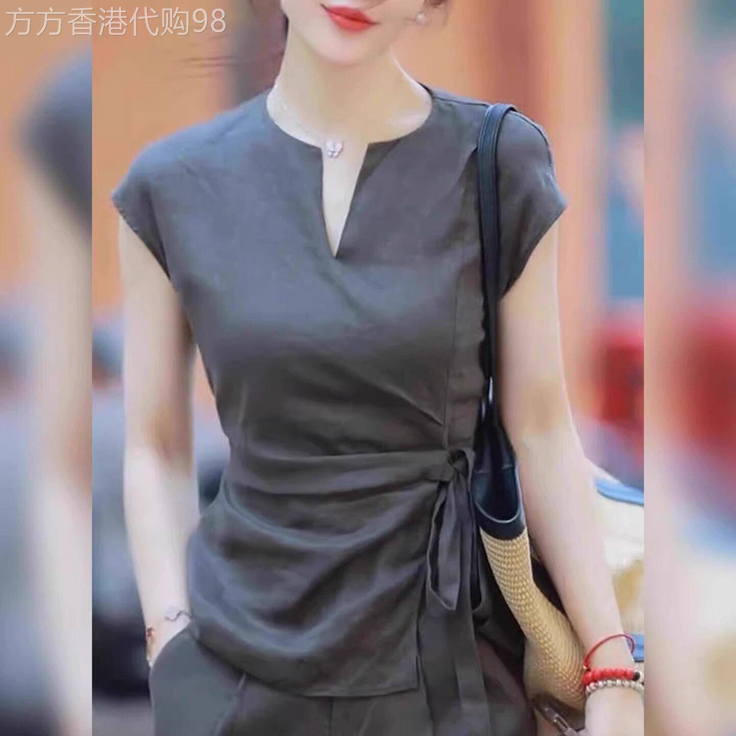欧货高端短袖衬衫女夏2025新款系带收腰设计感小衫通勤风修身上衣