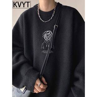 圆领毛衣慵懒风男生秋冬季新款红色本命年毛线衫男款针织打底衫厚