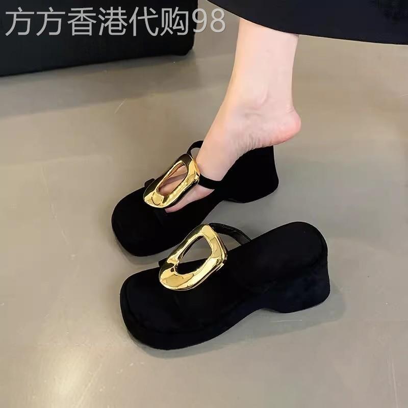 香港潮牌厚底坡跟拖鞋女夏外穿新款小个子一字拖配裙子金属扣凉鞋