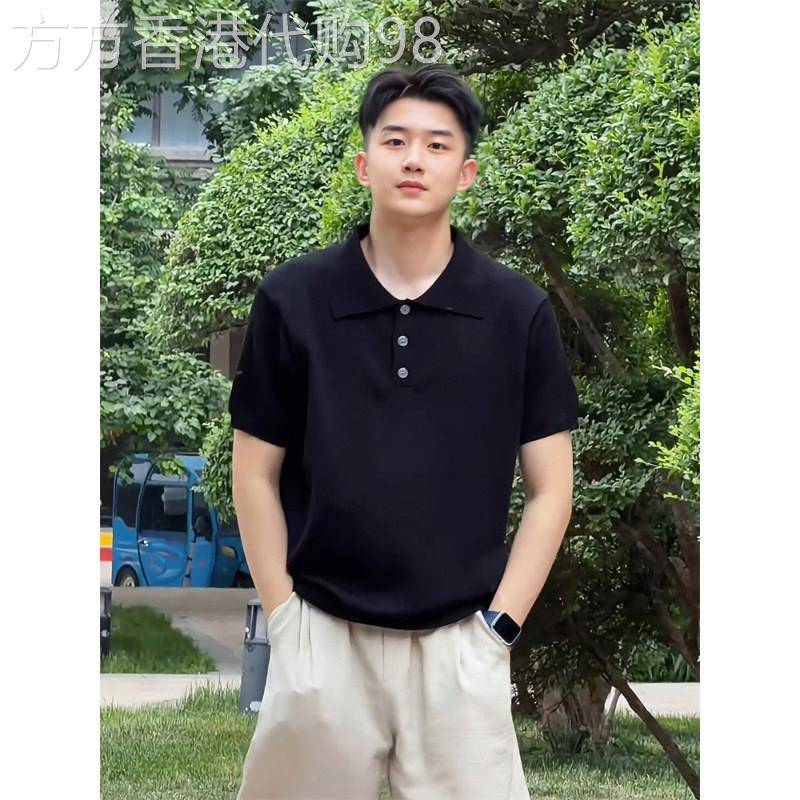 夏季老钱风黑色海鸥领针织短袖polo衫男士轻熟风穿搭凉感简约t恤