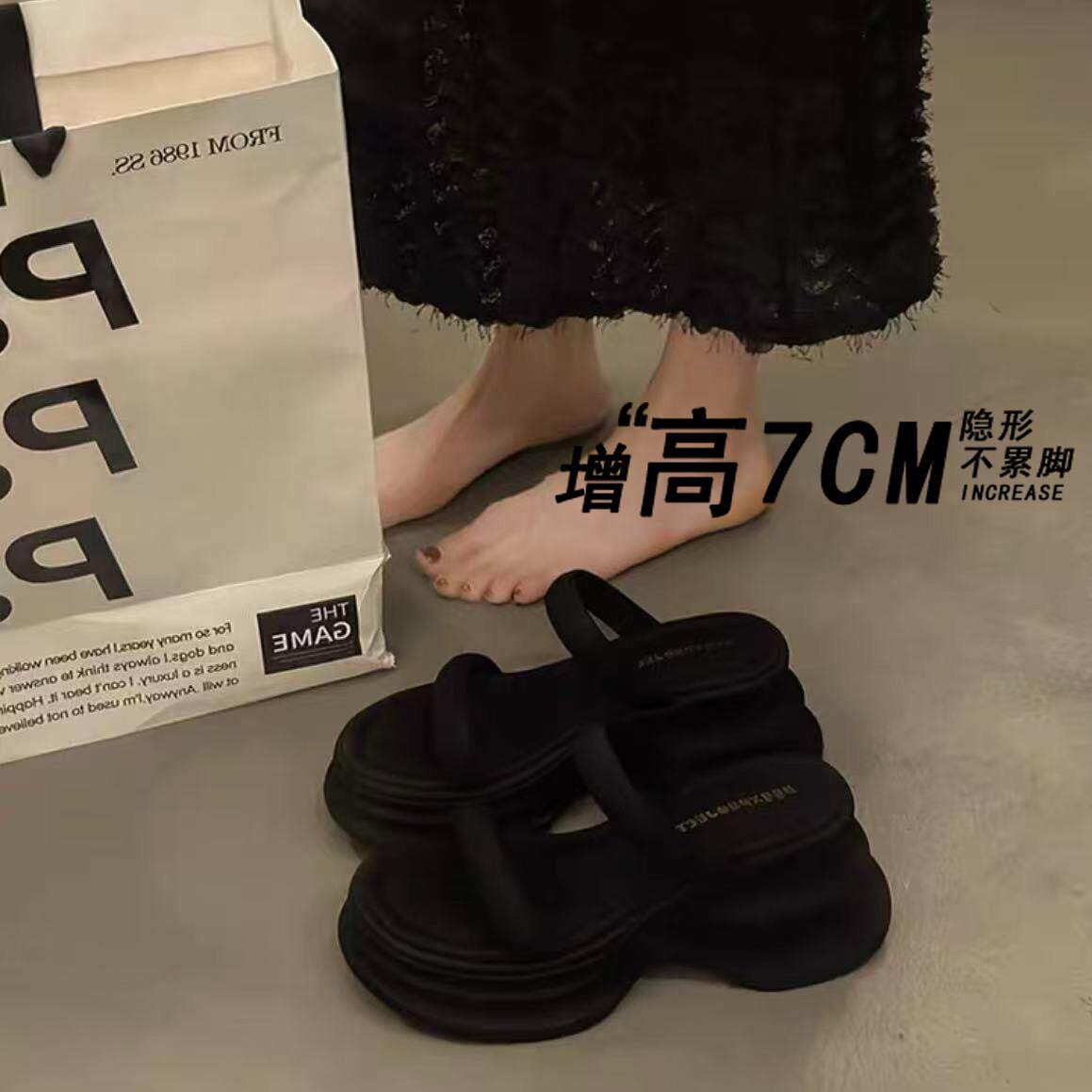 香港真皮黑色厚底拖鞋女夏外穿2026新款松糕增高一字拖沙滩凉拖鞋