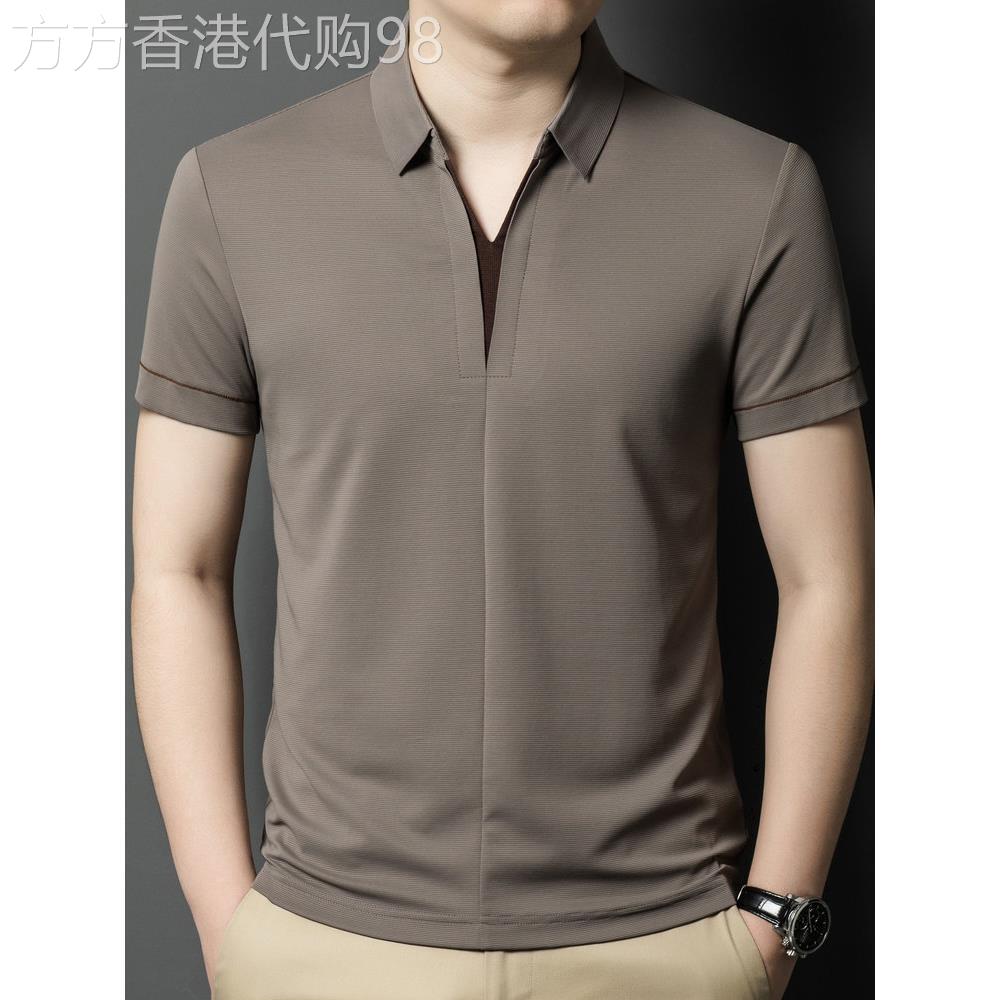 简约美感设计~夏季桑蚕丝V领短袖T恤男潮流时尚翻领真丝polo衫