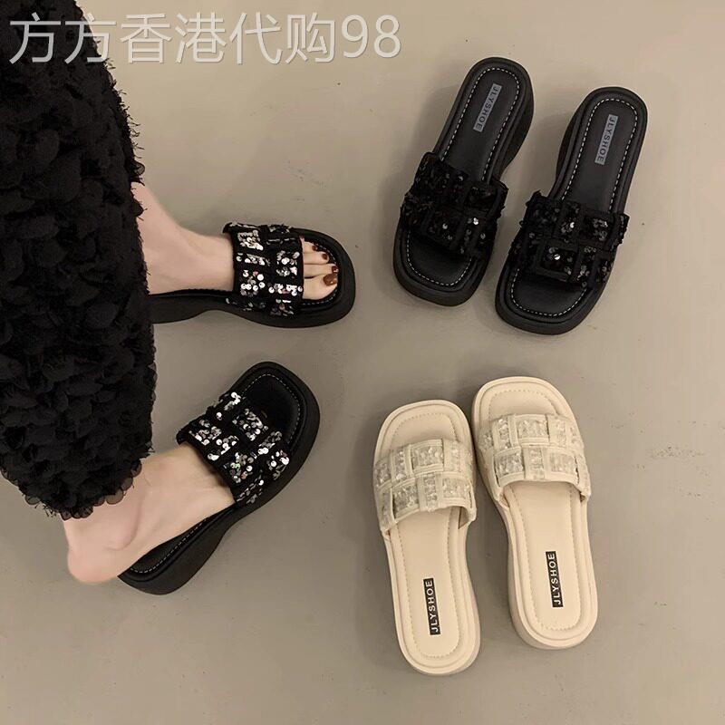 英国真皮亮片厚底凉拖鞋女外穿2025新款夏季小个子增高松糕一字拖