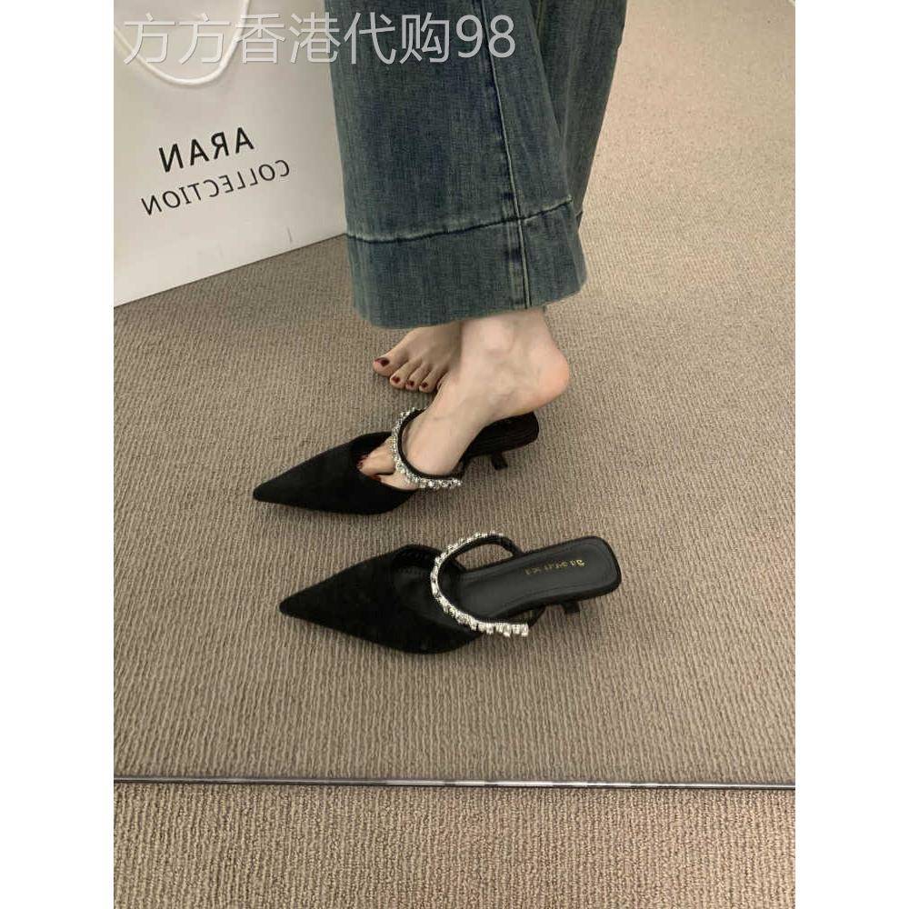时尚品牌法国高端莱茵石一字脚趾帽半拖鞋女士外穿2025尖头高跟骡
