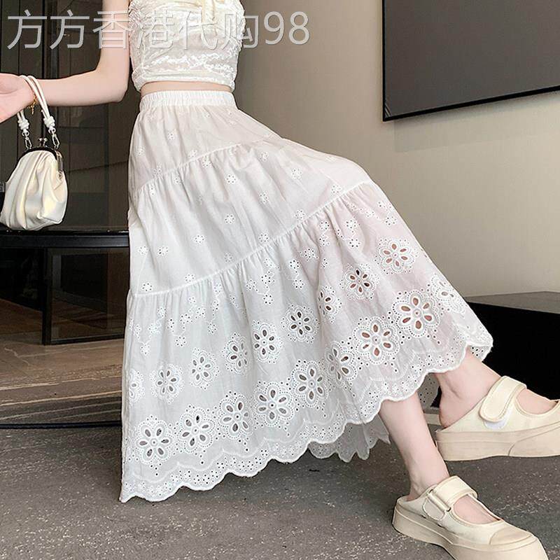 白色半身裙女夏季2025新款a字高腰显瘦气质时尚镂空中长版裙子女