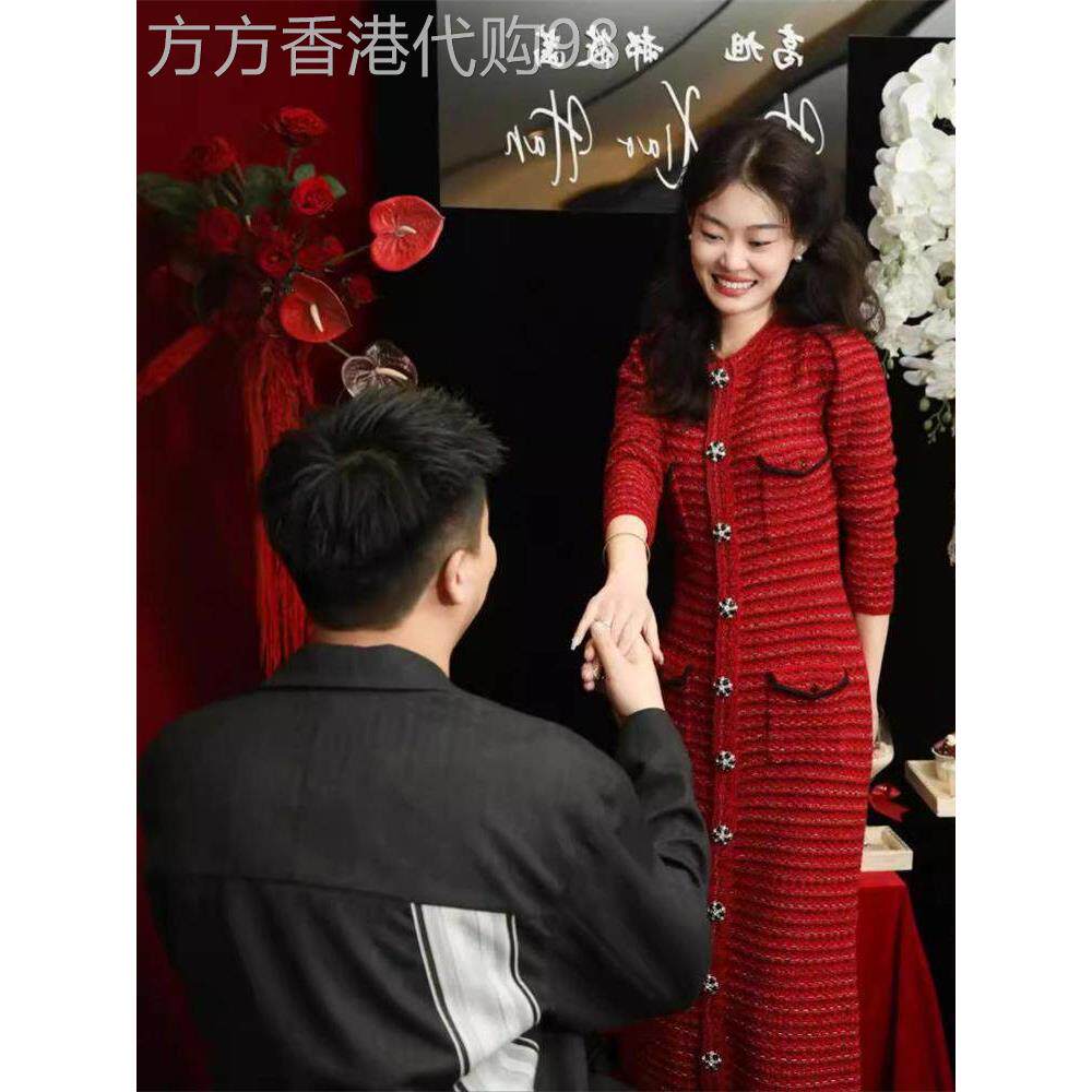 轻奢经典订婚礼服新年服装小香风格红色羊毛针织女装秋冬女