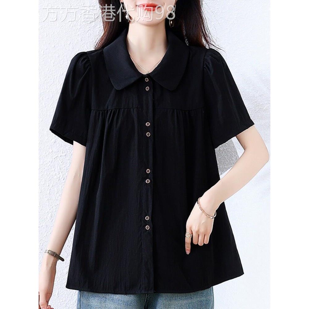 女式娃娃领短袖衬衫夏季新大尺寸宽松修身时尚休闲百搭翻领衬衫上