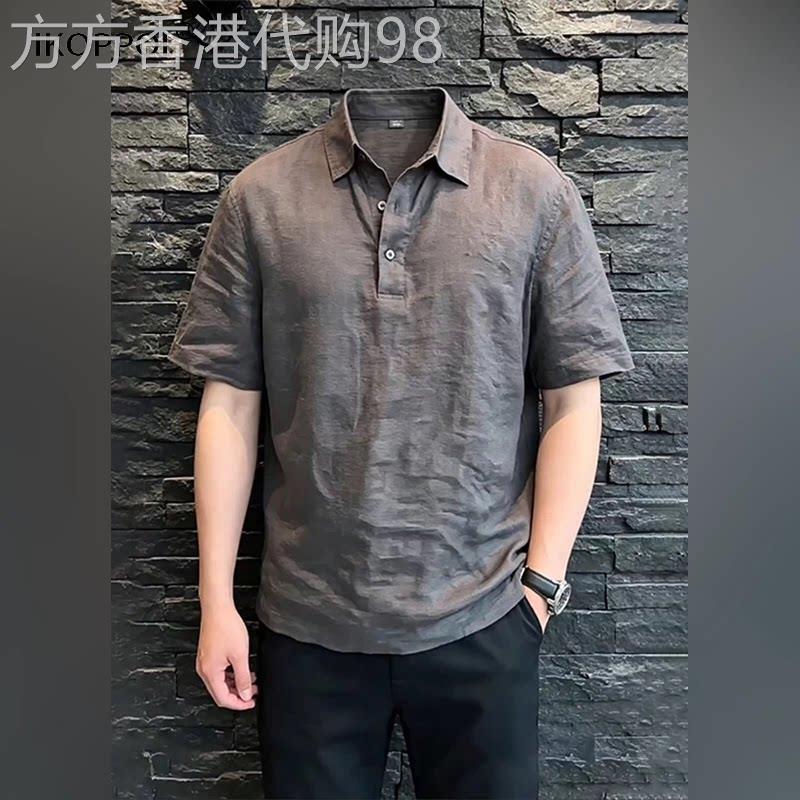 轻奢深灰色老钱风短袖男款2026夏季轻薄棉麻T恤速干人夫感polo衫