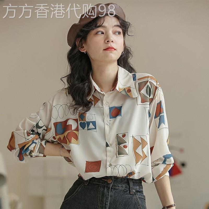 法式复古港风雪纺衬衫女春夏薄款宽松印花长袖设计感小众别致上衣