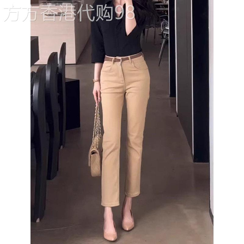 卡其色直筒牛仔裤女春夏新款高腰修身八九分休闲裤子小个子烟管裤