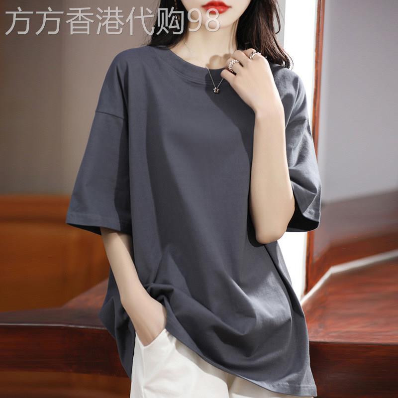 厚重棉质短袖女式t恤夏季基本款宽松大尺寸圆领中长半袖t恤上衣