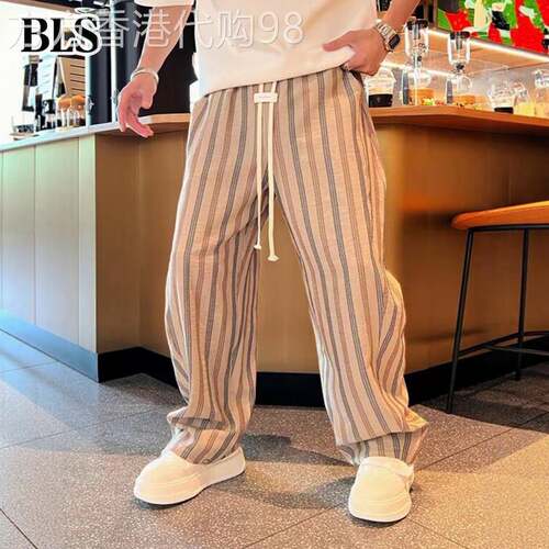 高端条纹弯刀休闲裤男士夏季薄款2026新款透气垂感宽松阔腿直筒裤