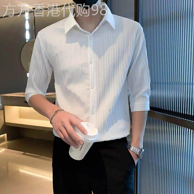 高端轻熟风白色七分袖衬衫男士2026新款夏季冰丝透气短袖衬衣男款