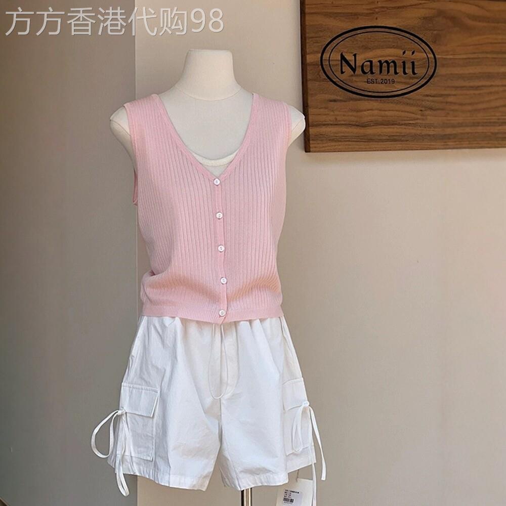 日系假两件v领冰丝针织无袖t恤女夏季新款设计感外穿背心薄款上衣