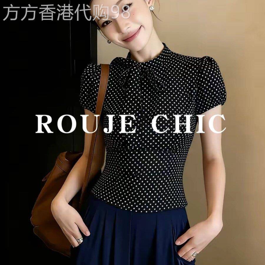 法国rouje chic复古风波点黑色短袖衬衫女夏季蝴蝶结领带修身上衣