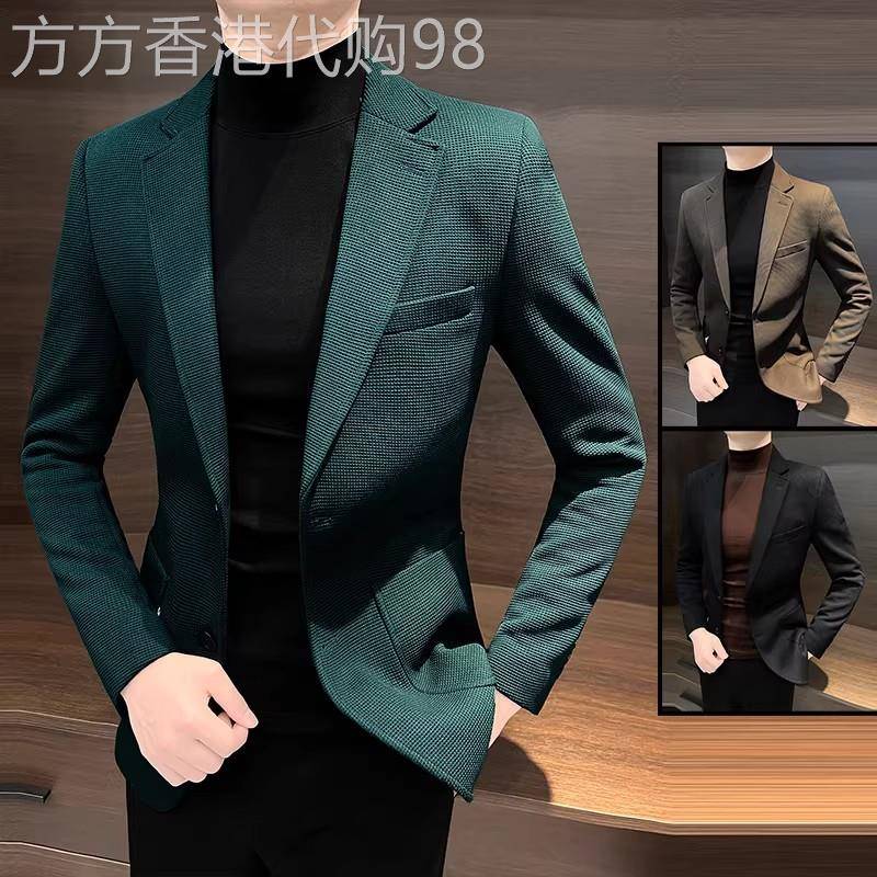 潮牌男士西装秋季新款高级感修身单西绿色商务休闲小西服外套男款