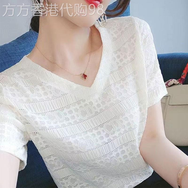蕾丝短袖t恤女2026夏季新款宽松休闲白色V领雪纺体恤时尚百搭上衣