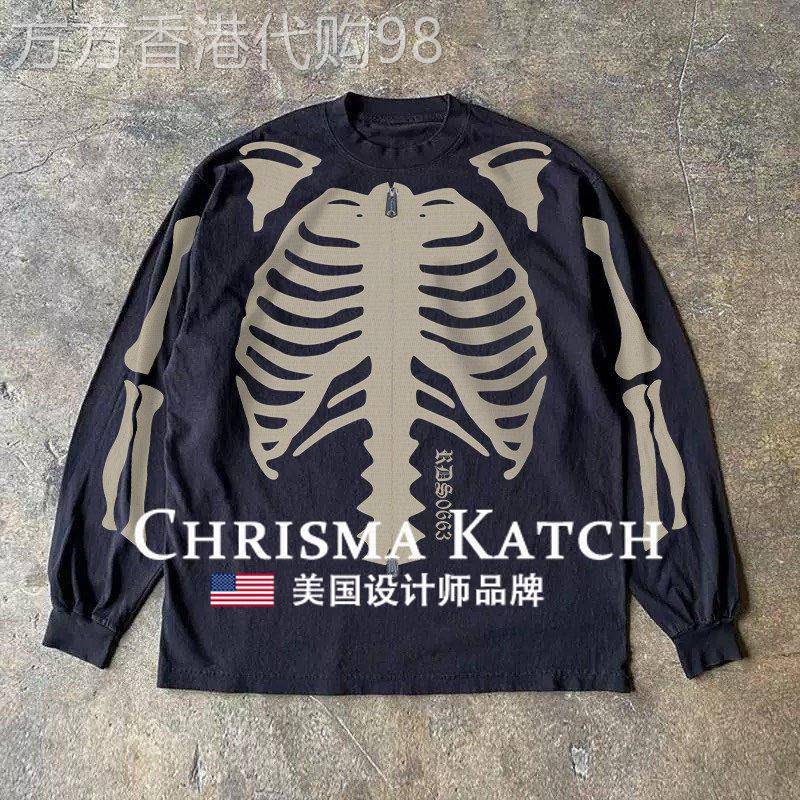出口美国⭐Chrisma Katch~骷髅印花设计感T恤长袖上衣纯棉圆领
