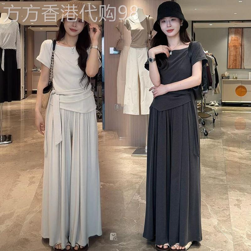 香港代购时尚休闲套装女夏季新款显瘦圆领绑带短袖阔腿裤子两件套