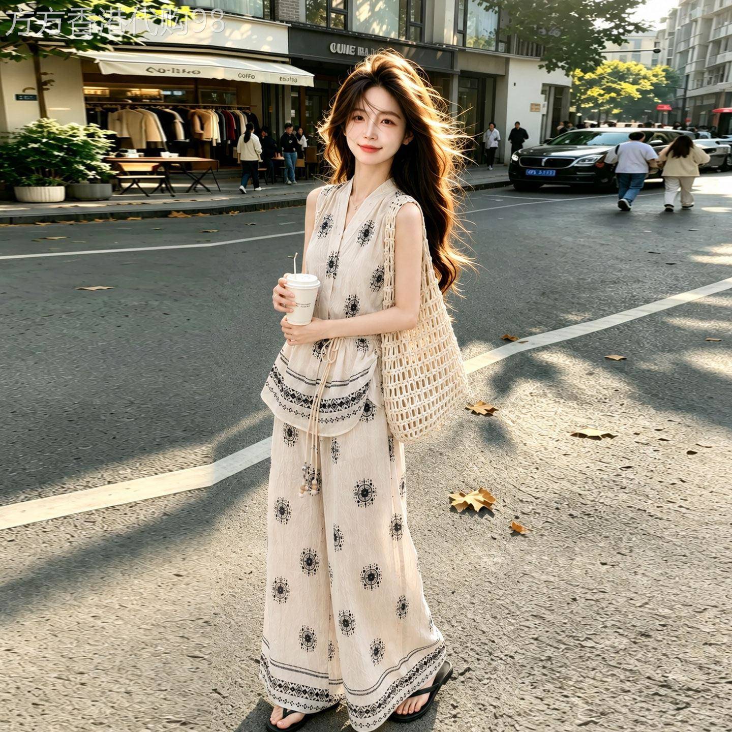 印花套装夏女2026新款宽松V领无袖上衣阔腿裤遮肉波西米亚两件套