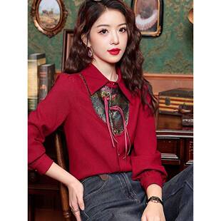 红色衬衫女士长袖春秋季2025新款设计感小众中式国风盘扣衬衣上衣