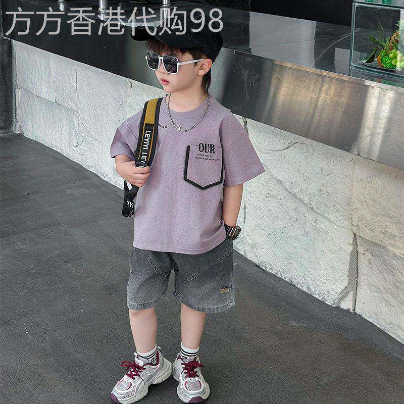 韩国洋派男童夏季短袖套装2026新款儿童夏装T恤宝宝牛仔短裤潮酷