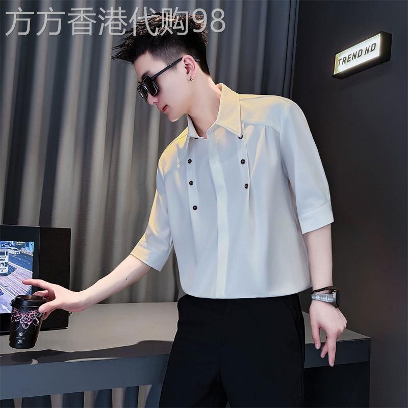 潮牌冰丝垂感短袖衬衫男2026夏季新款褶皱纽扣设计衬衣休闲半截袖