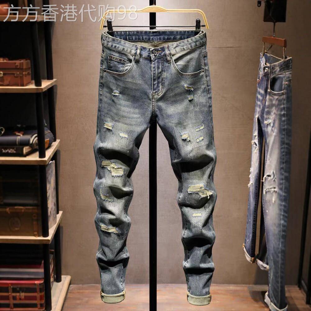 潮牌破洞补丁牛仔裤男士秋季美式浅蓝水洗复古个性修身烟管裤长裤