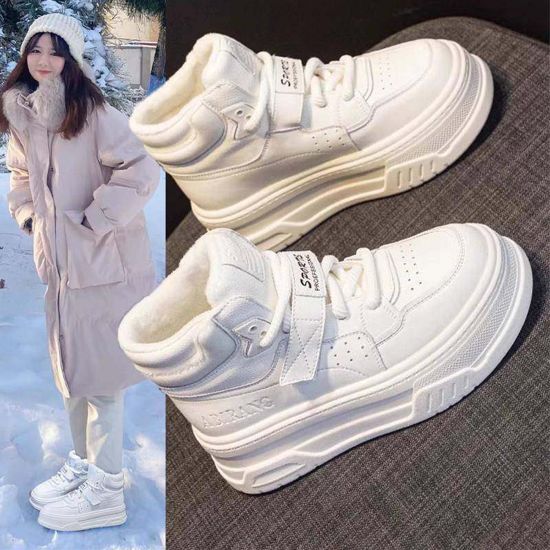 香港真皮小白鞋高筒鞋女2025新款春季厚底百搭魔术贴运动休闲 板