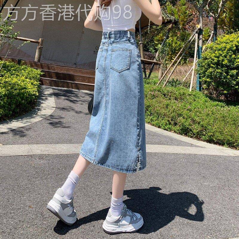 中长款牛仔半身裙女夏欧货小个子浅蓝色侧开叉高腰a字一步直筒裙
