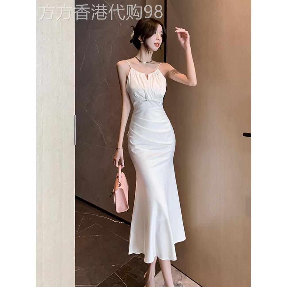 白色鱼尾包臀挂脖吊带连衣裙女夏季收腰气质超仙名媛高级感长裙子