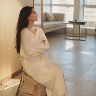 日系高级感白色v领针织连衣裙女秋冬软糯超好看打底裙内搭毛衣裙