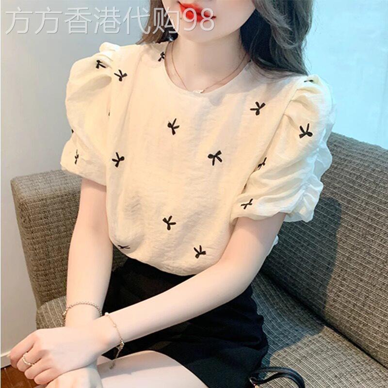 法式刺绣圆领短袖T恤女夏季2026新款爆款设计感泡泡袖气质上衣服